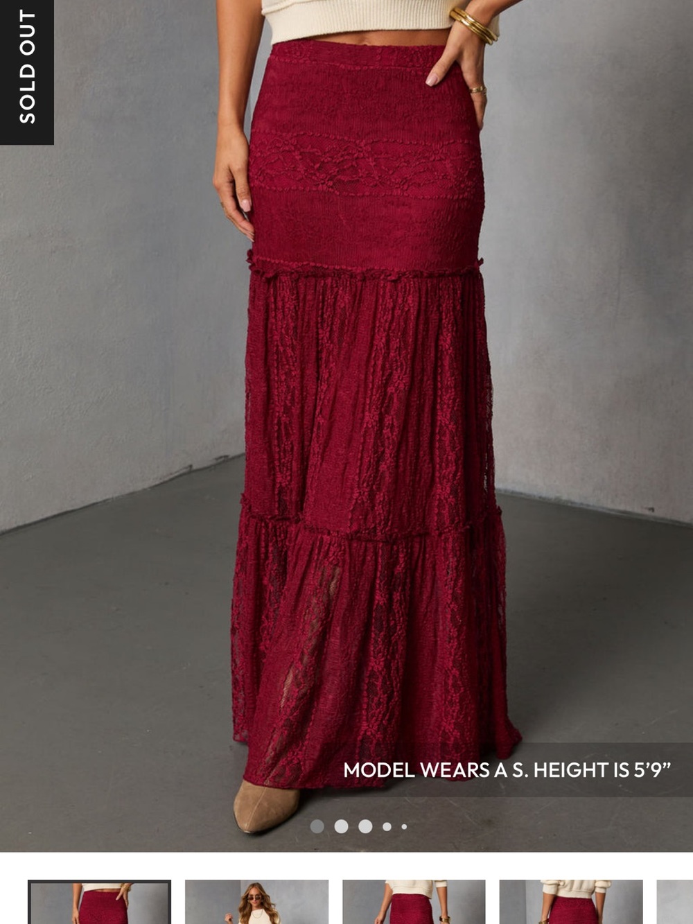 Vici Burgundy Lace Tiered Maxi Skirt